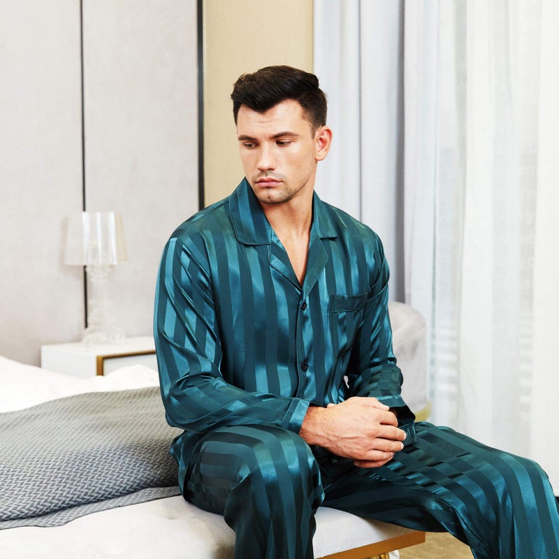 Lonxu Mens Satin Pajamas Set Green XL - Image 3